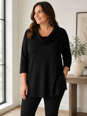 Eileen Fisher Merino Wool Sparkle Sweater 1X Black Cowl Neck Tunic Top